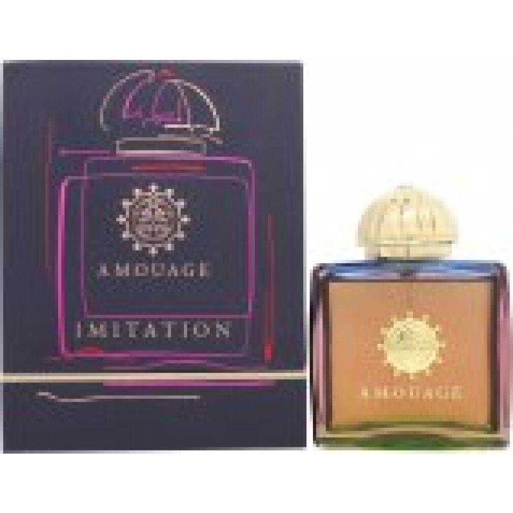 Flacone e scatola Amouage Imitation. Tappo dorato, sfumatura marrone-blu. Scatola nera con testo dorato.