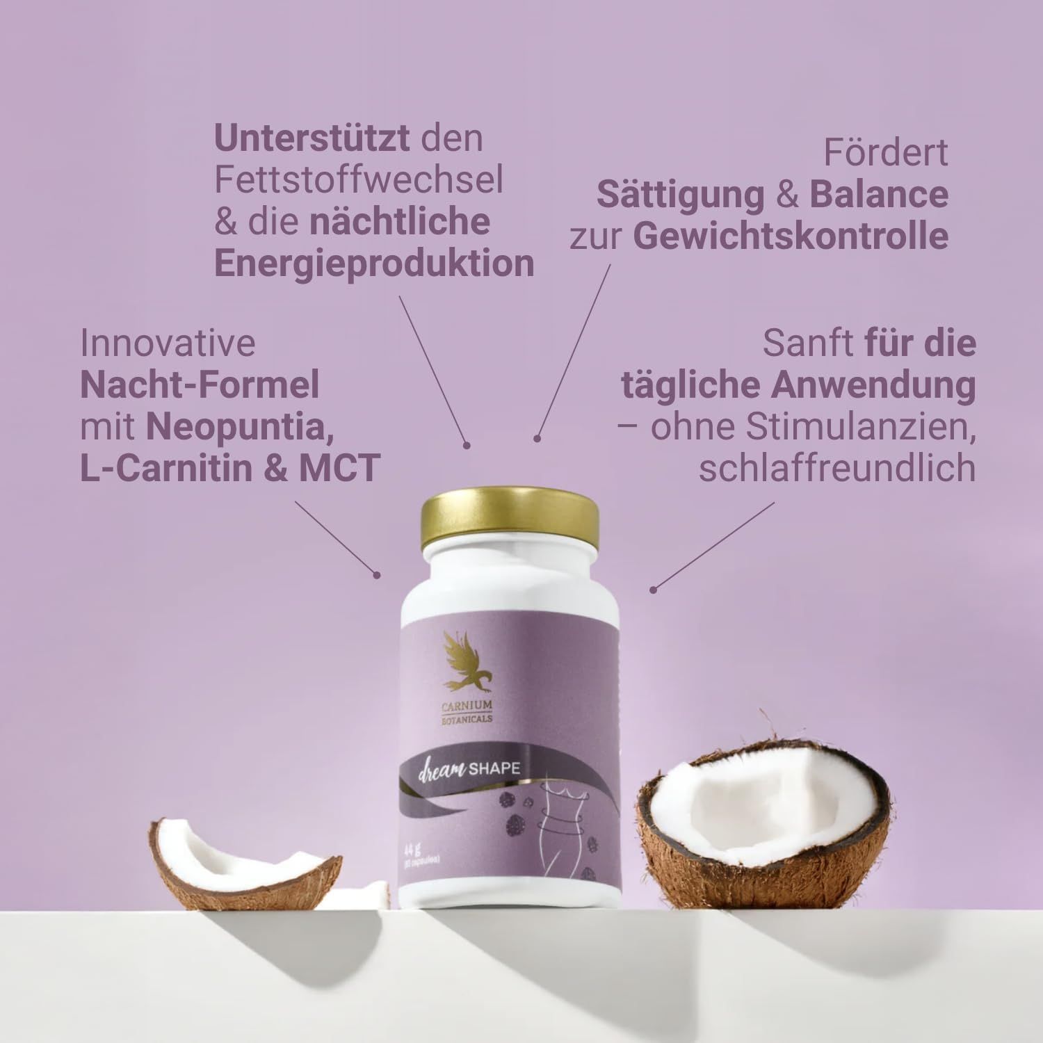 Flacone Dream Shape con cocco. Testo: Supporta il metabolismo, Sazietà & equilibrio, Formula innovativa, Uso delicato.