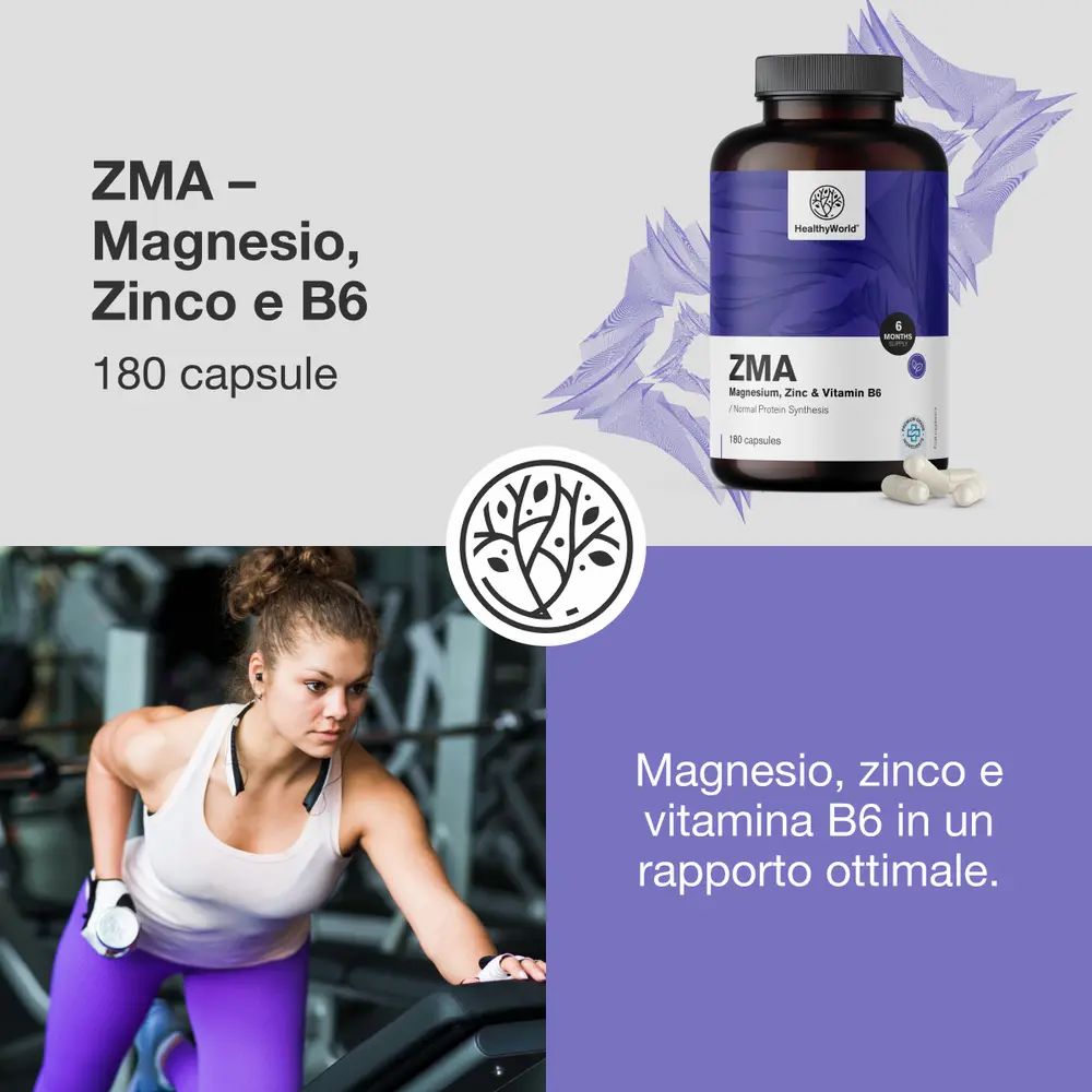 Pubblicità per capsule ZMA. Donna in palestra. Flacone ZMA. Testo: Magnesio, zinco e B6 in un rapporto ottimale.