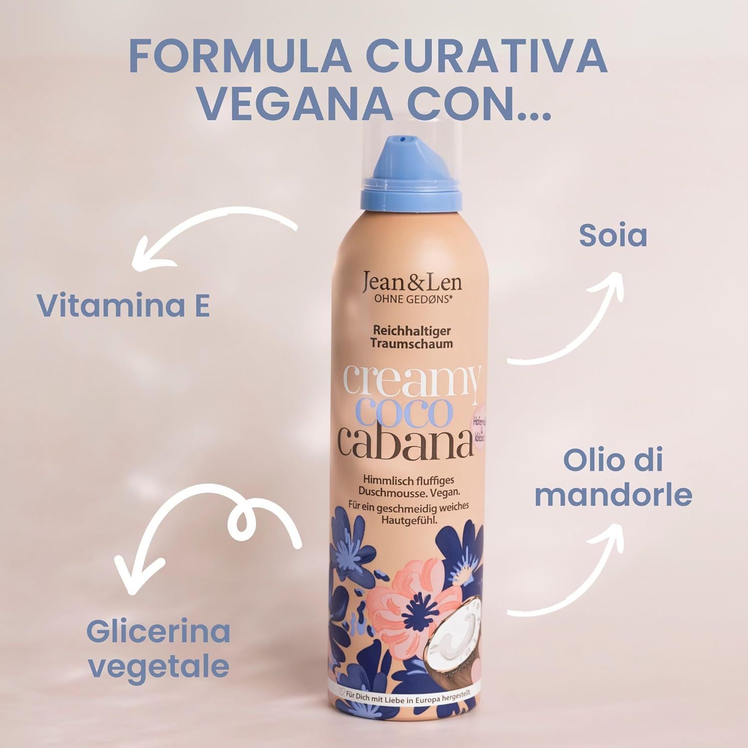 Flacone beige con erogatore blu. Testo: Formula vegana per la cura con... Vitamina E, Soia, Glicerina vegetale, Olio di mandorle.