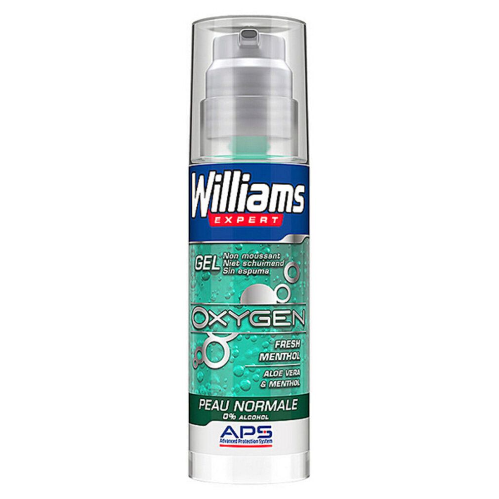 Flacone di gel con pompa. Scritta: Williams Expert, Oxygen, Fresh Menthol, Aloe Vera & Menthol, Peau Normale.