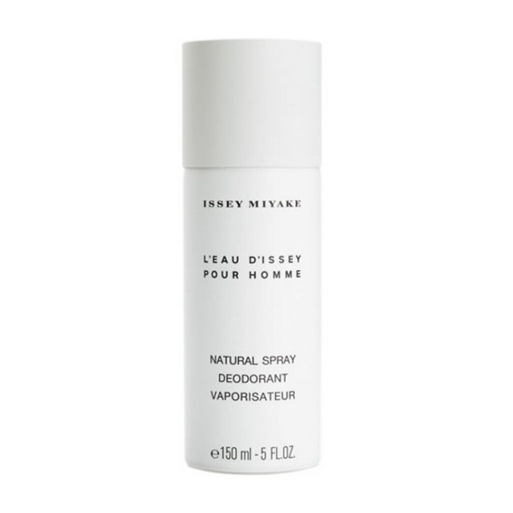 Spray deodorante Issey Miyake. Flacone cilindrico bianco con tappo bianco. Scritta nera.