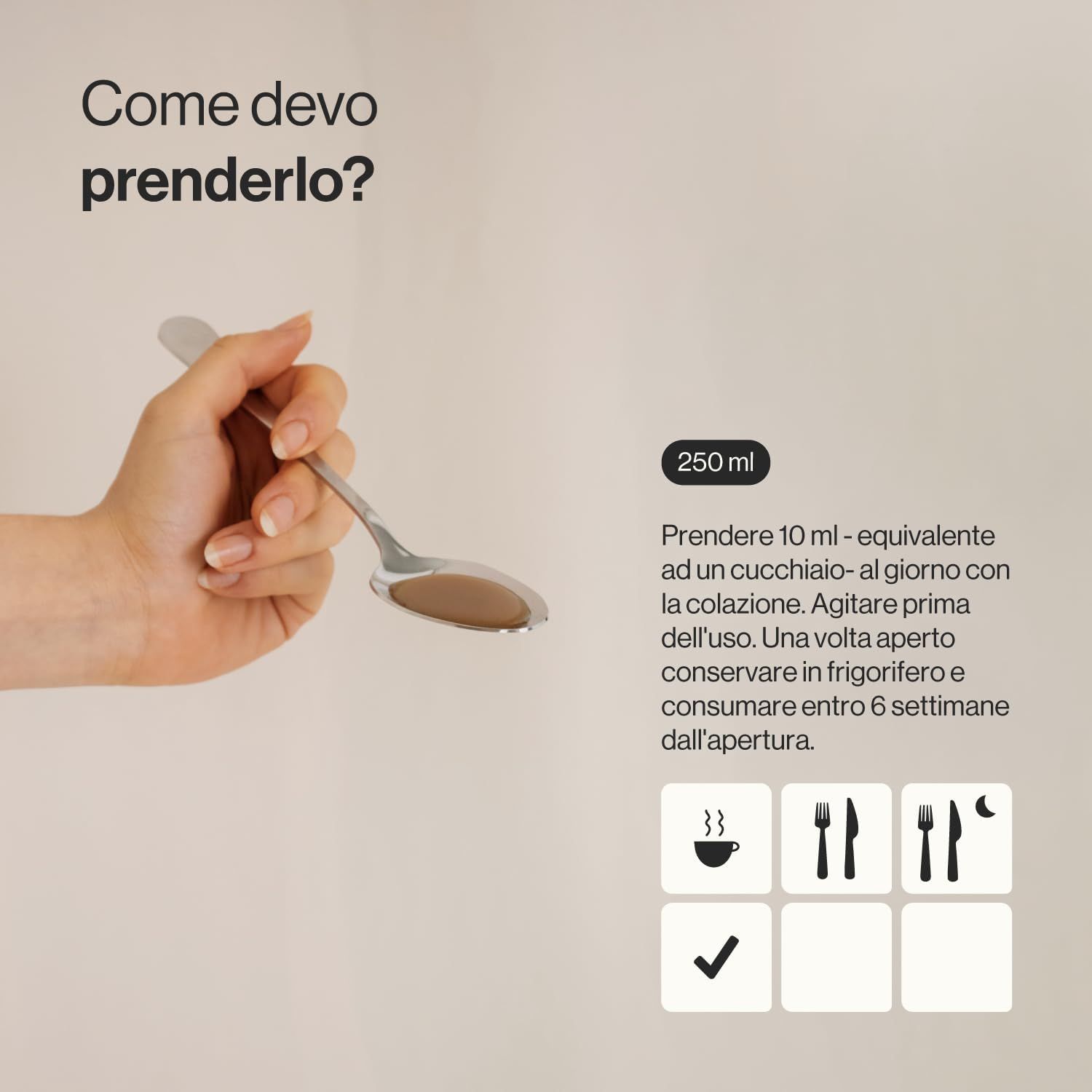 Mano tiene un cucchiaio con liquido marrone. Testo: 10 ml - equivalente a un cucchiaio. Istruzioni per l'uso.
