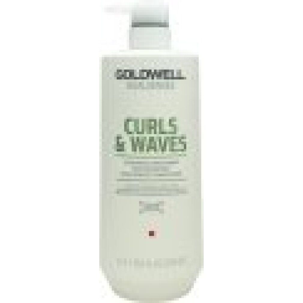 Flacone bianco con dosatore. Scritta: Goldwell Dualsenses Curls & Waves Conditioner. 1L.