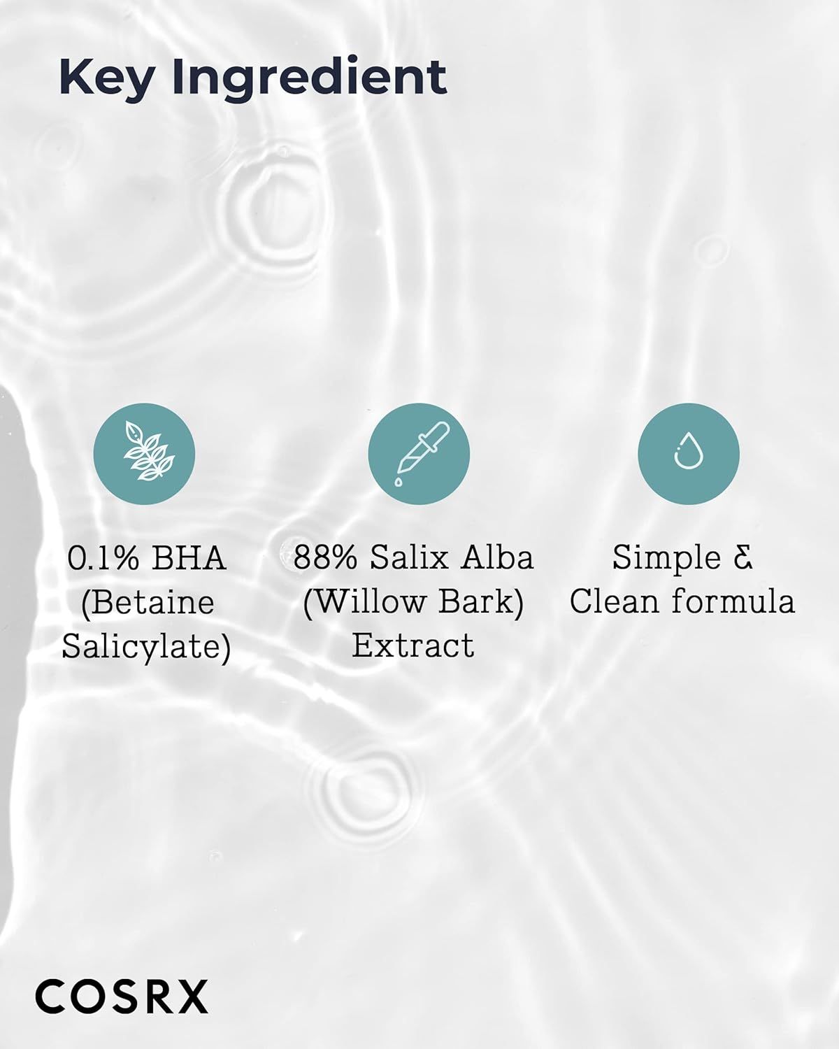 Tre cerchi con testo. 0,1% BHA, 88% Salix Alba Extract, Simple & Clean formula. Marchio COSRX.