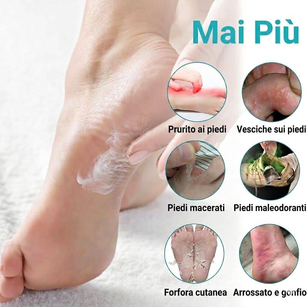 Piede con crema. Testo: Mai Più. Sei piccole immagini di problemi ai piedi, come prurito, vesciche, ecc.
