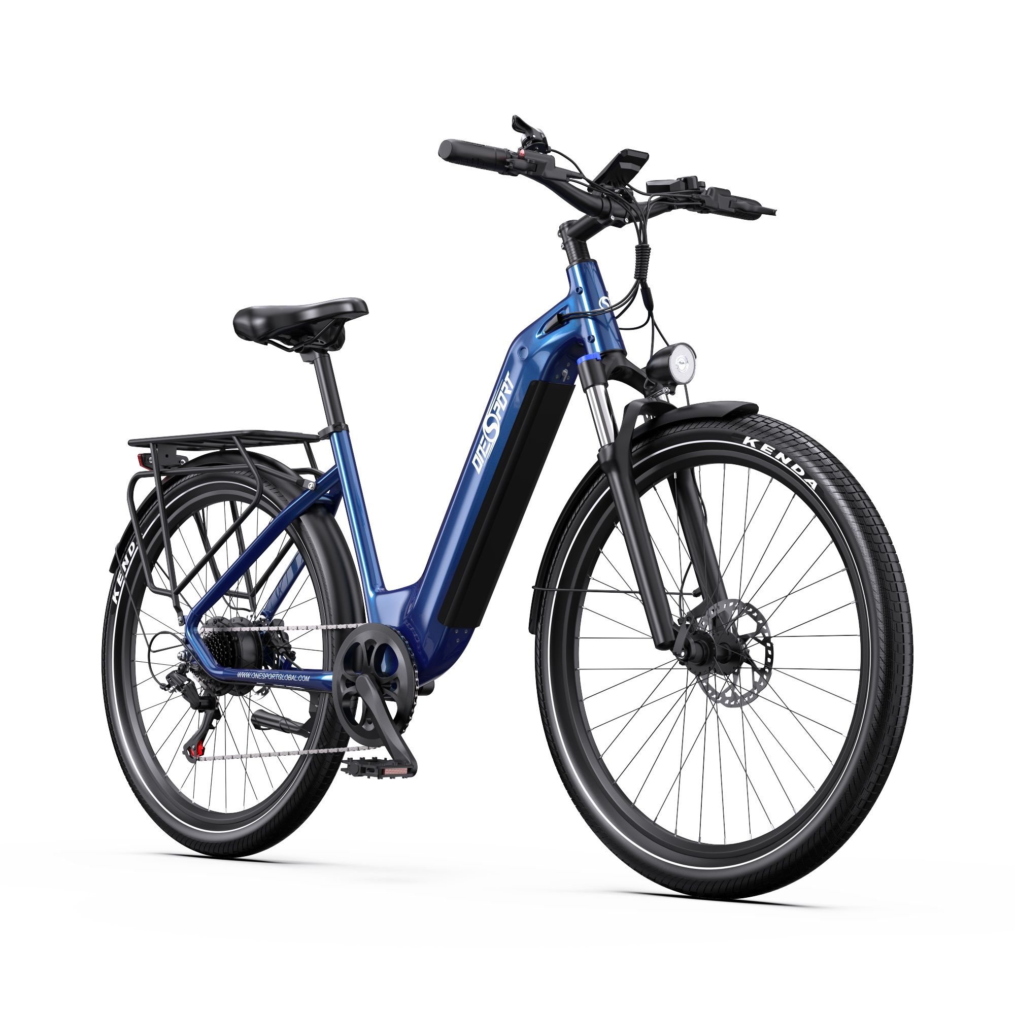 E-bike blu con portapacchi, pneumatici Kenda, faro anteriore e display sul manubrio.