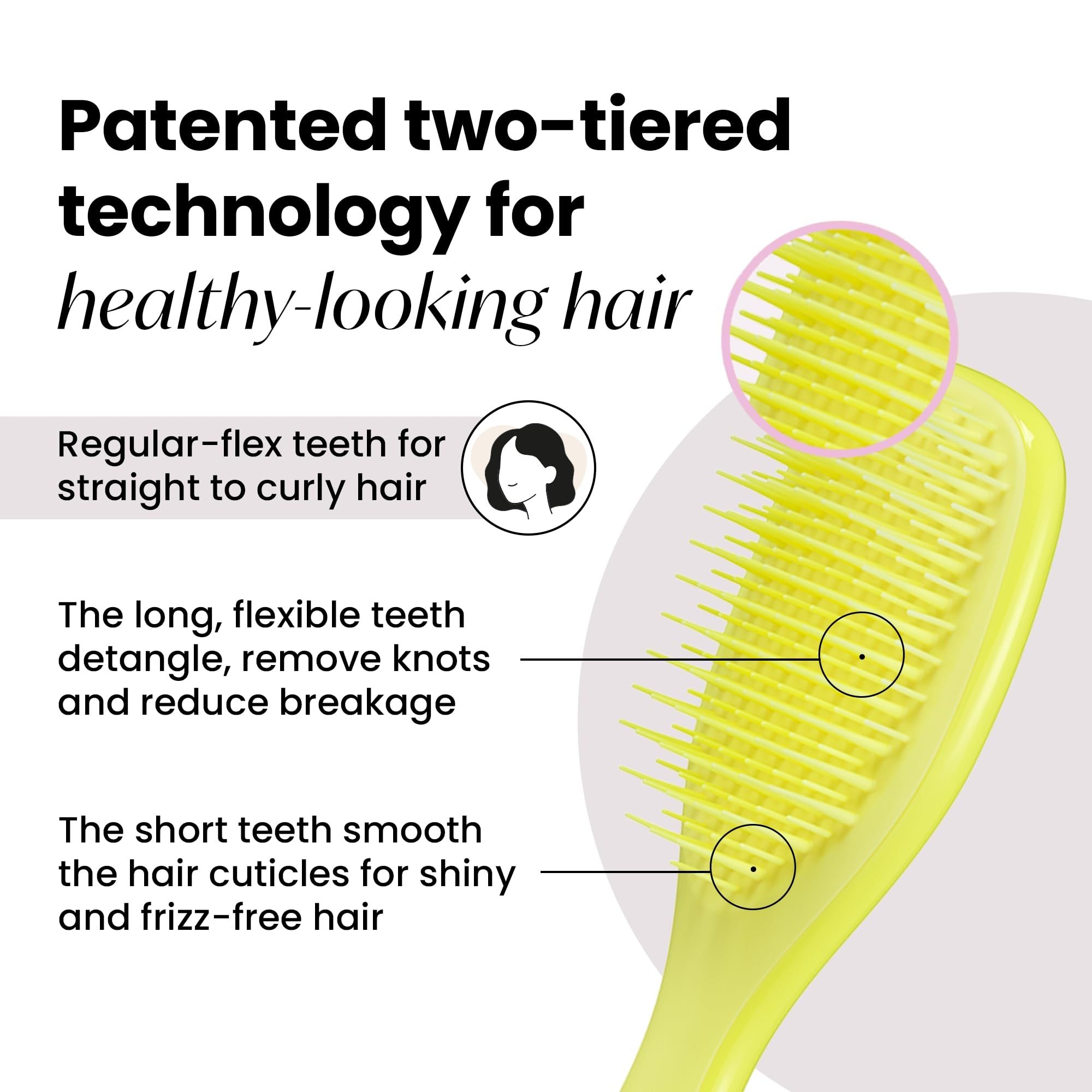 Spazzola gialla con due file di denti. Testo: Tecnologia brevettata per capelli sani. Per capelli lisci e ricci.