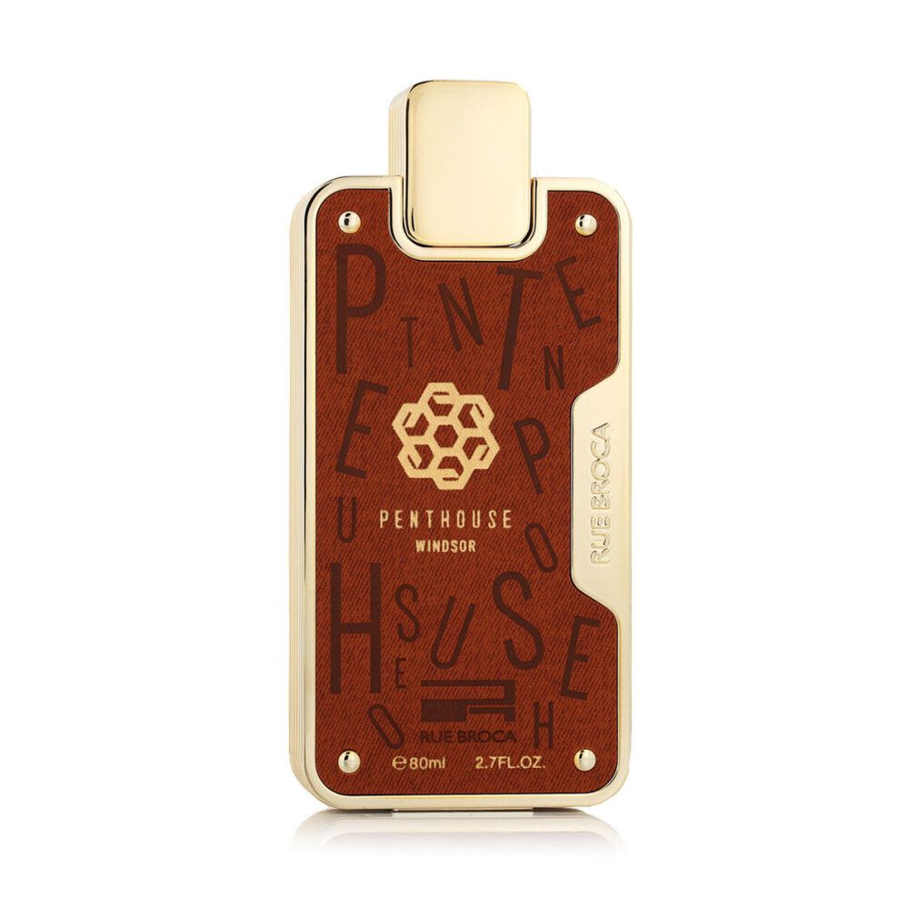 Flacone di profumo rettangolare marrone con dettagli dorati. Testo con nome del prodotto e marchio.