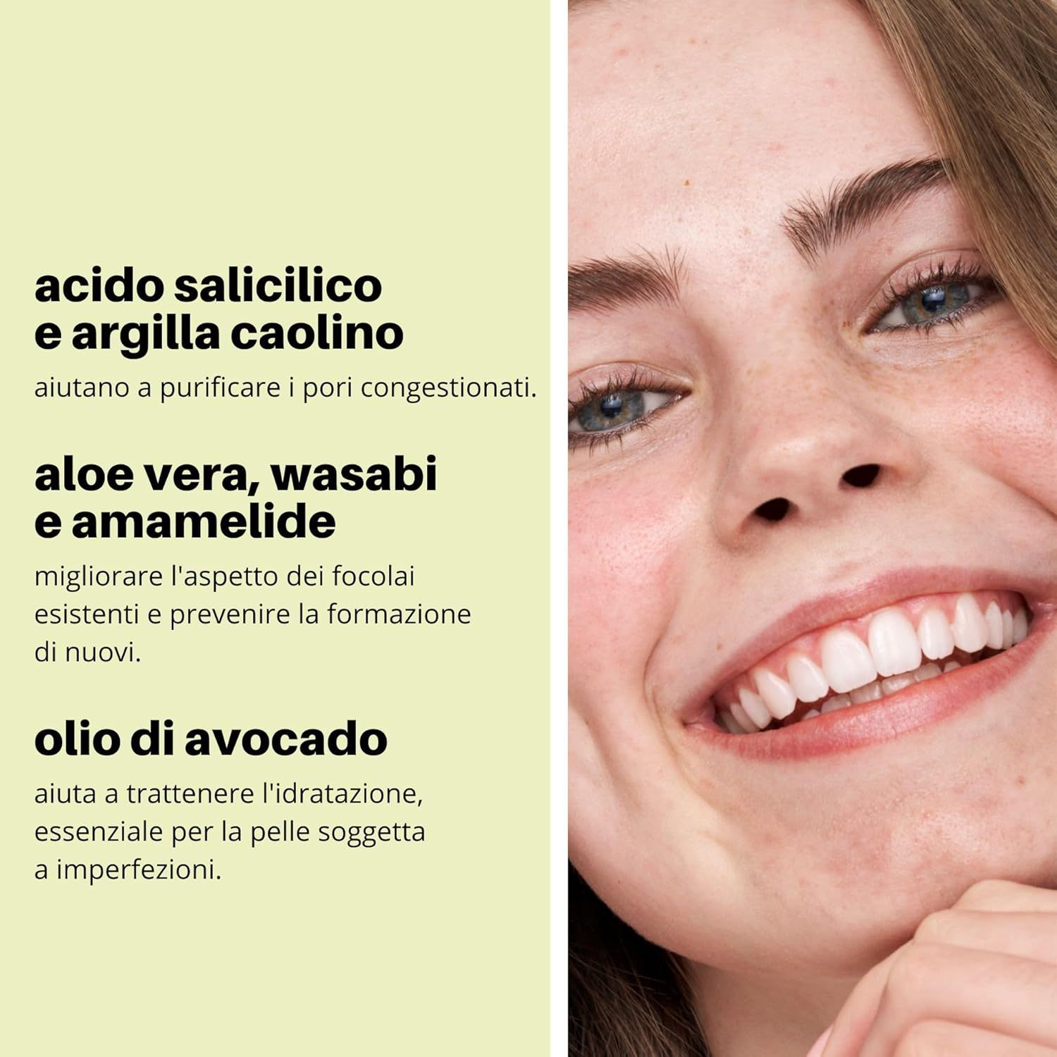 Testo con ingredienti e i loro effetti. Accanto, un volto sorridente.