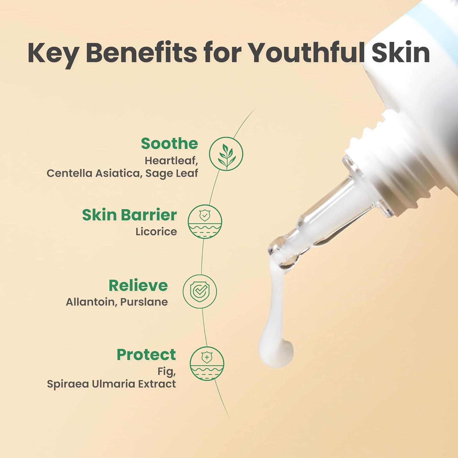 Grafico con ingredienti del prodotto. Soothe, Skin Barrier, Relieve, Protect. Ingredienti elencati.