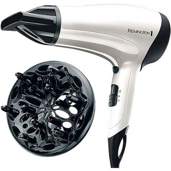 Asciugacapelli bianco con diffusore e bocchetta neri. Marchio Remington. Regolatori e interruttore.