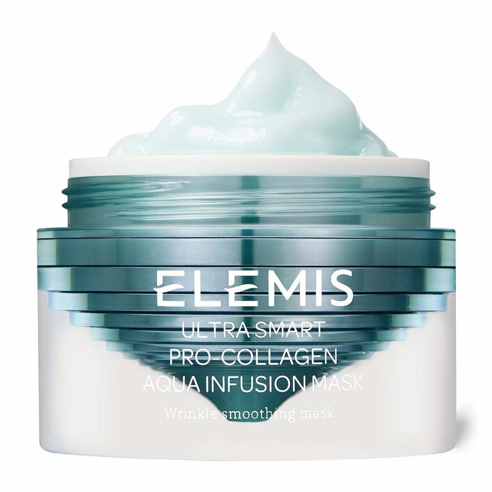 Vasetto con crema blu. Scritta: Elemis Ultra Smart Pro-Collagen Aqua Infusion Mask. Maschera levigante antirughe.