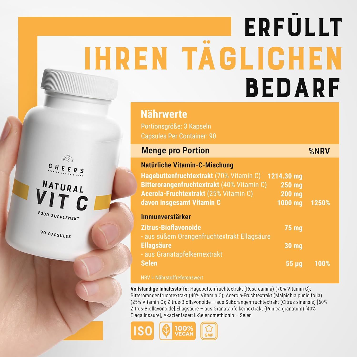 Mano che tiene flacone CHEERS Natural Vit C. Tabella nutrizionale con miscela di vitamina C, potenziatori immunitari. Sigilli ISO e 100% Vegan.