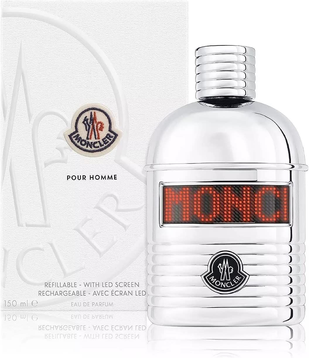 Flacone argentato con schermo LED e logo Moncler. Confezione bianca con logo e testo. "Pour Homme" e "Eau de Parfum".