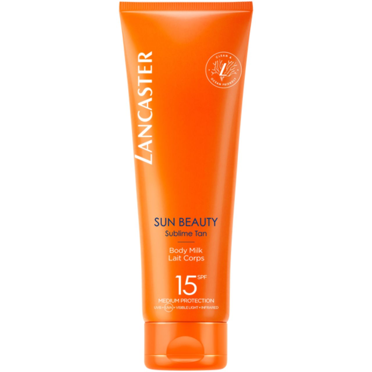 Tubo arancione di Lancaster Sun Beauty Sublime Tan Body Milk SPF15. Sigillo vegano. Testo: SPF15, Protezione media.
