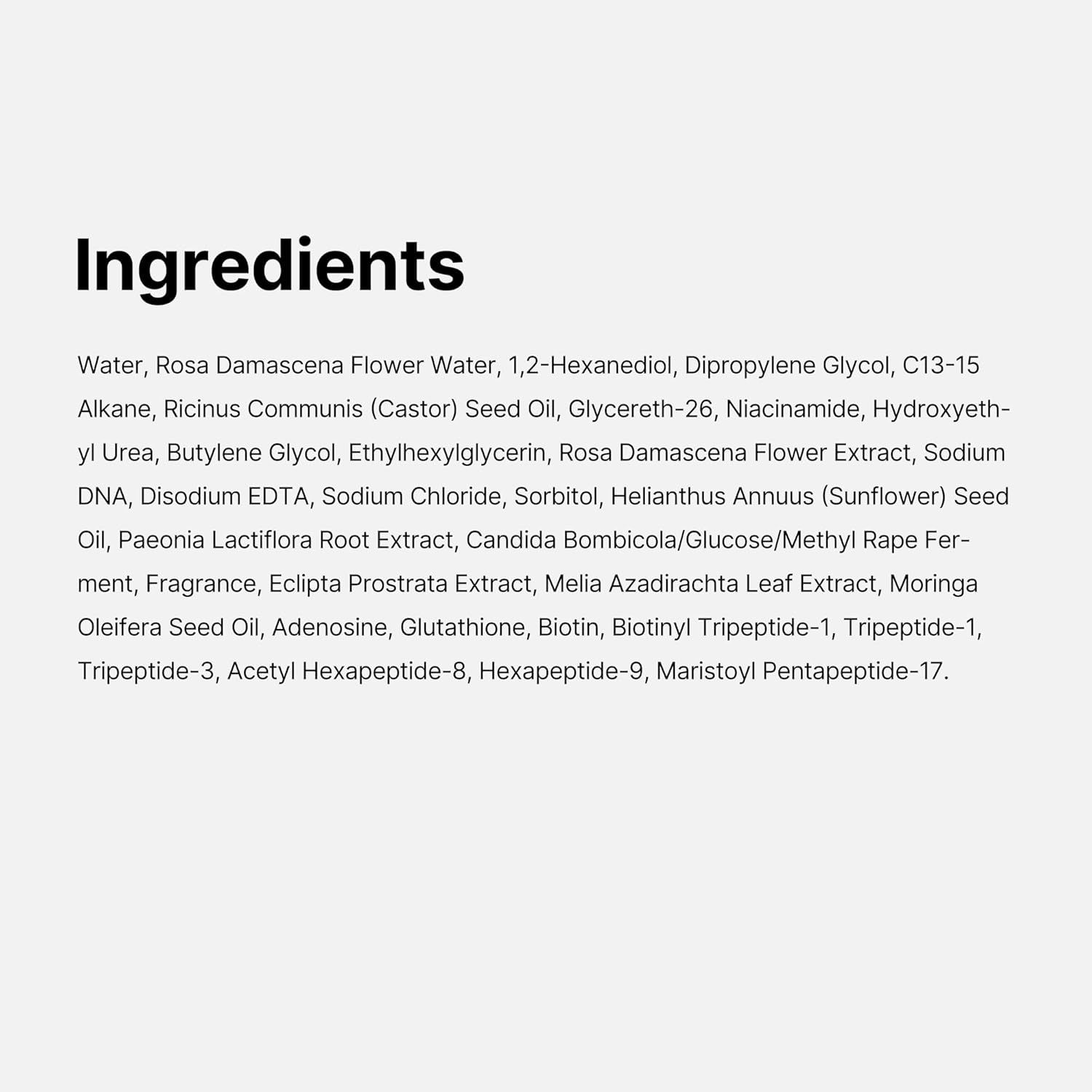 Elenco degli ingredienti. Testo: Water, Rosa Damascena Flower Water, 1,2-Hexanediol, Dipropylene Glycol, etc.