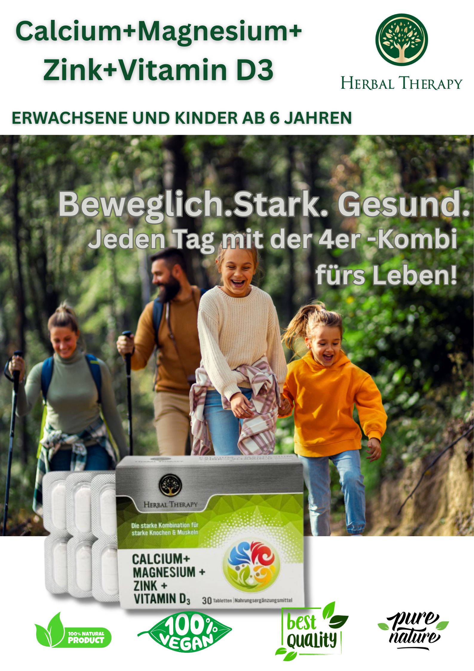 Immagine pubblicitaria con prodotto e persone. Prodotto: Calcio, Magnesio, Zinco, Vitamina D3. Logo: Herbal Therapy. 30 compresse. Sigillo vegano.