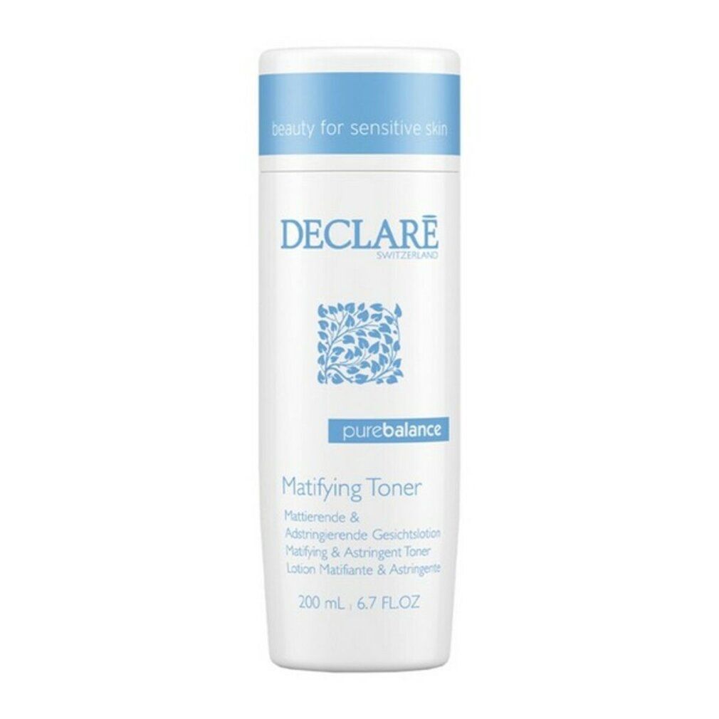 Flacone bianco con tappo blu. Scritta: DECLARE SWITZERLAND, purebalance, Matifying Toner. 200 ml, 6.7 FL.OZ.