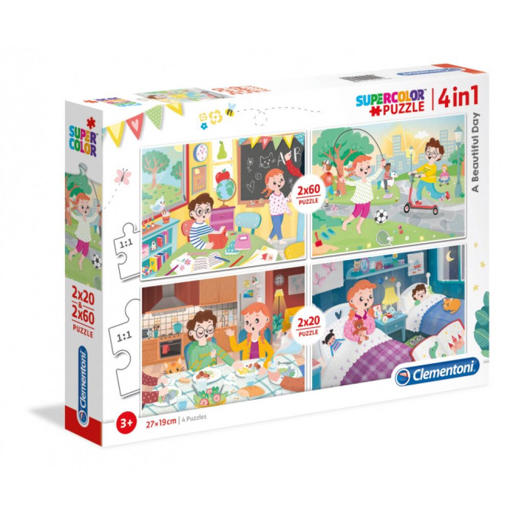 Scatola puzzle 4 in 1. 2x20 e 2x60 pezzi. Scene di bambini nella vita quotidiana. Marchio Clementoni, 27x19cm.