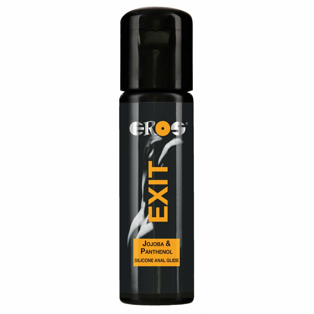 Flacone nero con tappo nero. Scritta: EROS EXIT, Jojoba & Panthenol, SILICONE ANAL GLIDE.