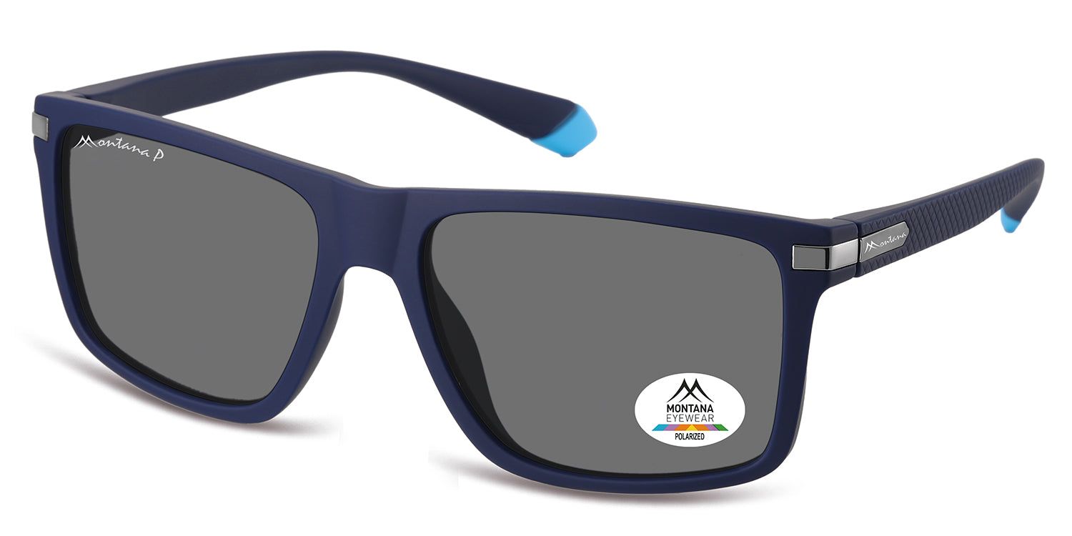 Occhiali da sole blu con lenti grigie. Logo Montana Eyewear su una lente. Forma rettangolare.