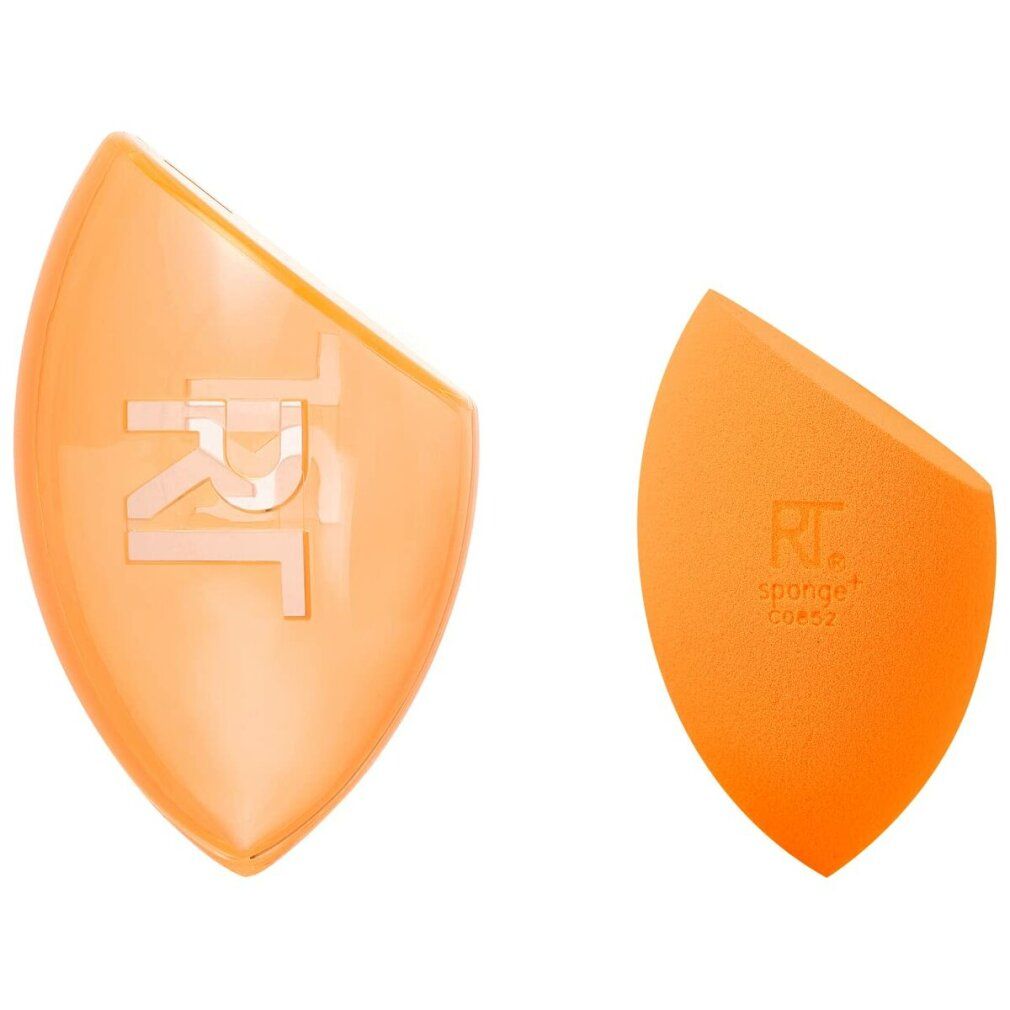 Due spugne per trucco arancioni. Una in un astuccio trasparente con "RT". L'altra con "RT sponge cozy".