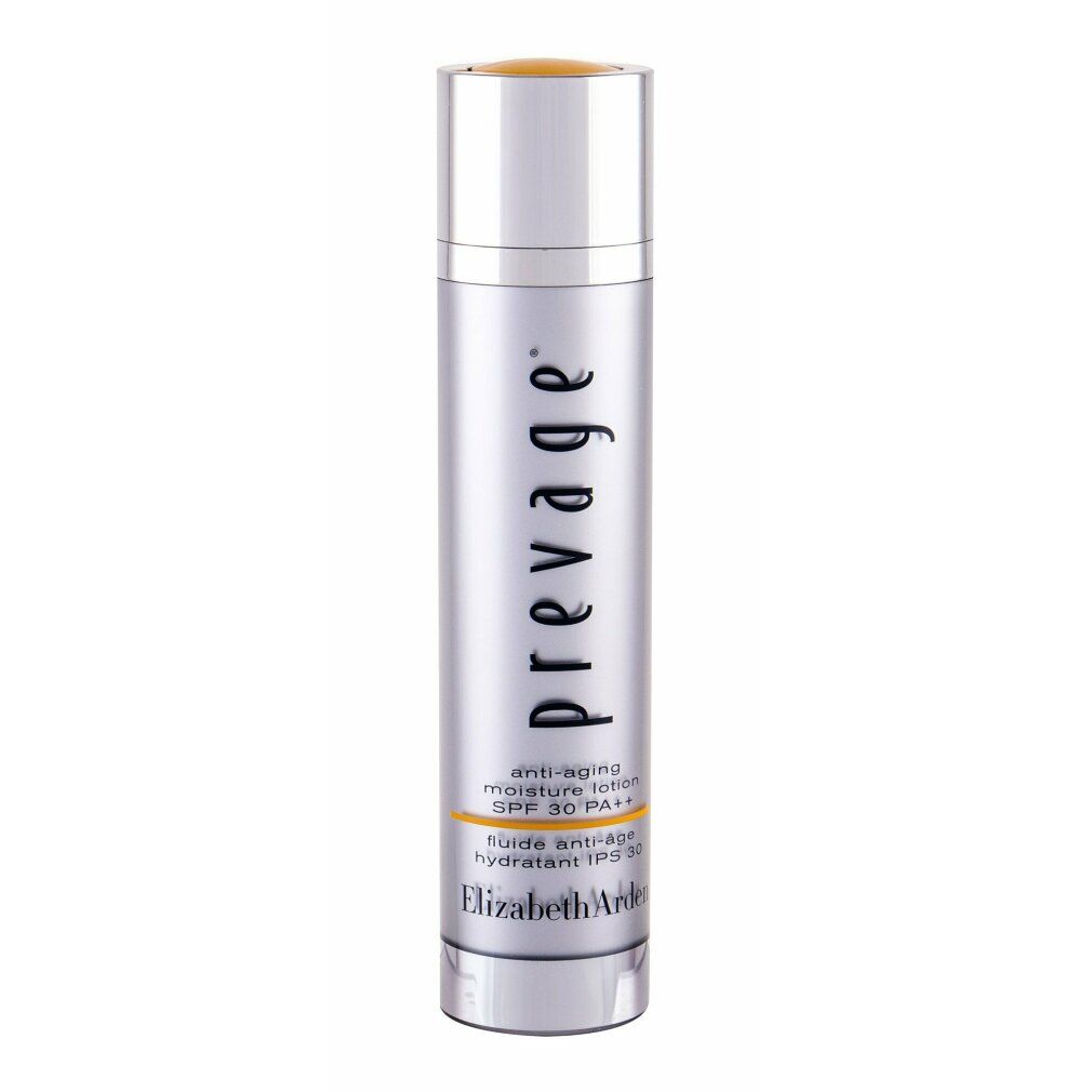 Flacone argento con tappo giallo. Scritta: Prevage, lozione idratante anti-età SPF 30 PA++. Elizabeth Arden.