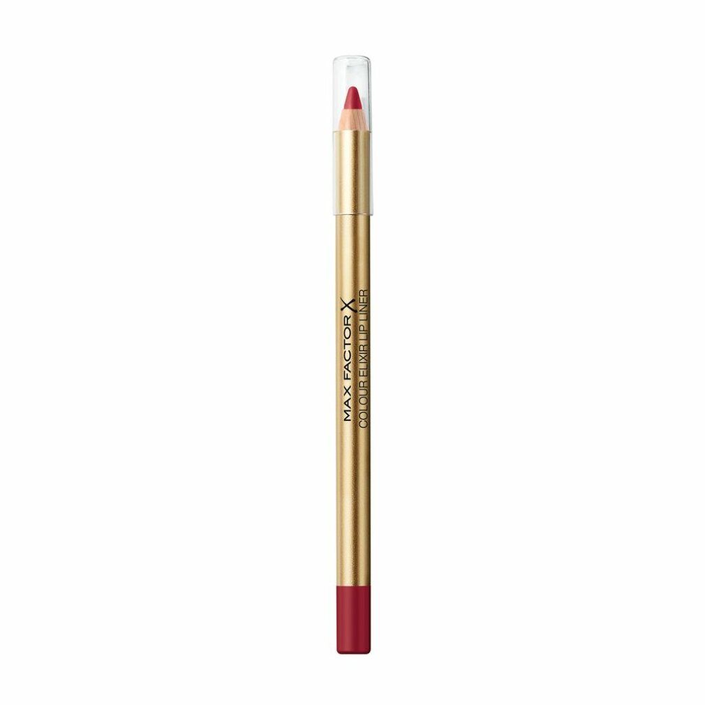 Matita labbra rossa. Matita dorata con cappuccio trasparente. Scritta: Max Factor Colour Elixir Lipliner.