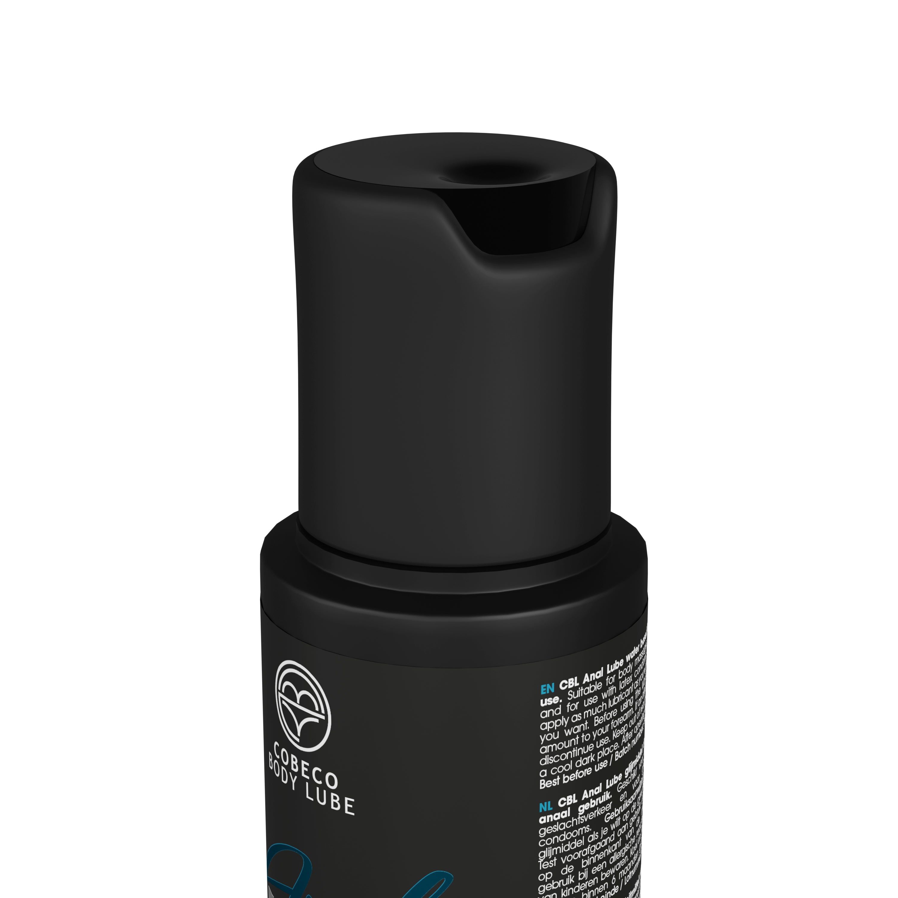 Primo piano del tappo nero di una bottiglia. Marchio: Cobeco Body Lube.