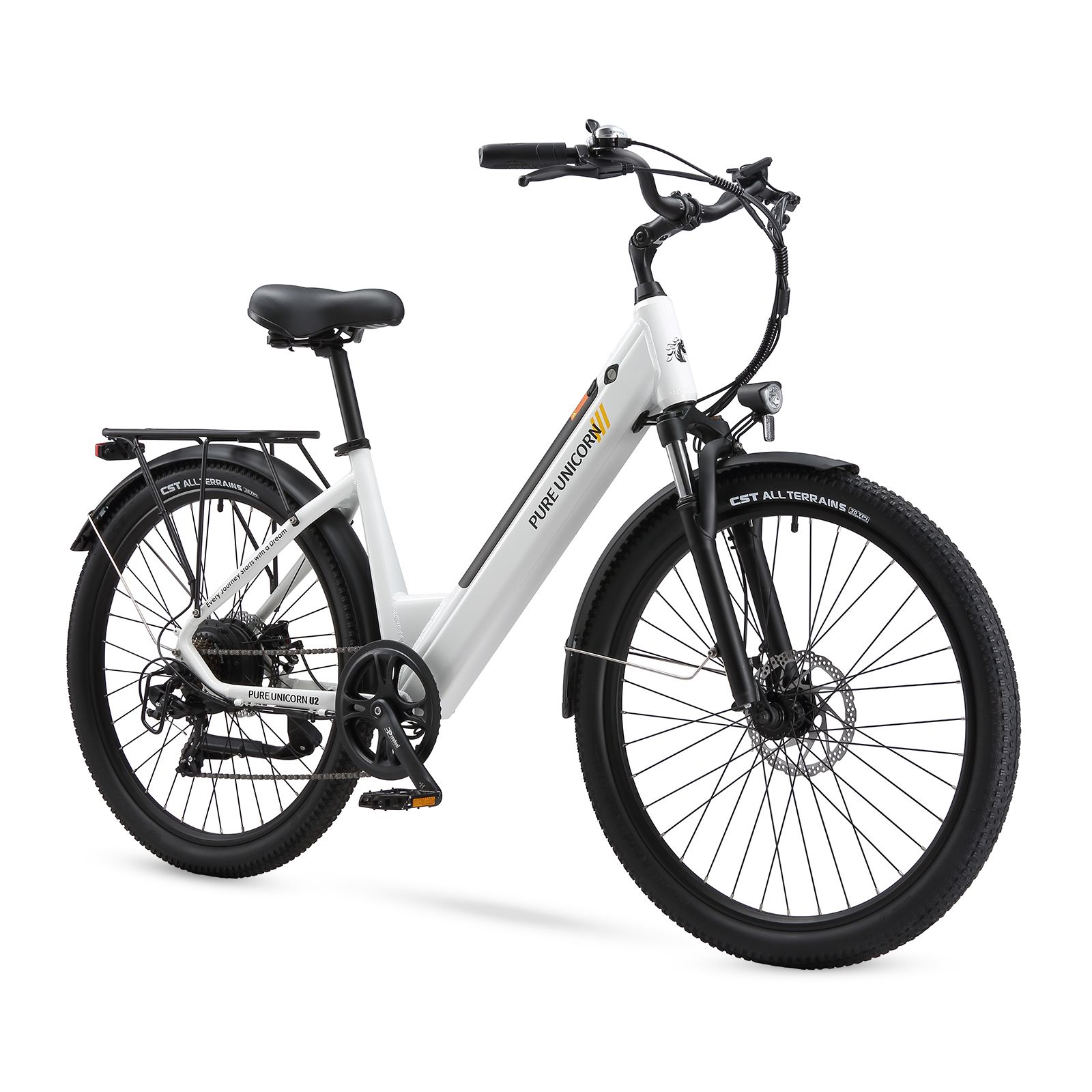 E-bike bianca con pneumatici neri e dettagli. Marca PURE UNICORN. Portapacchi e parafanghi.
