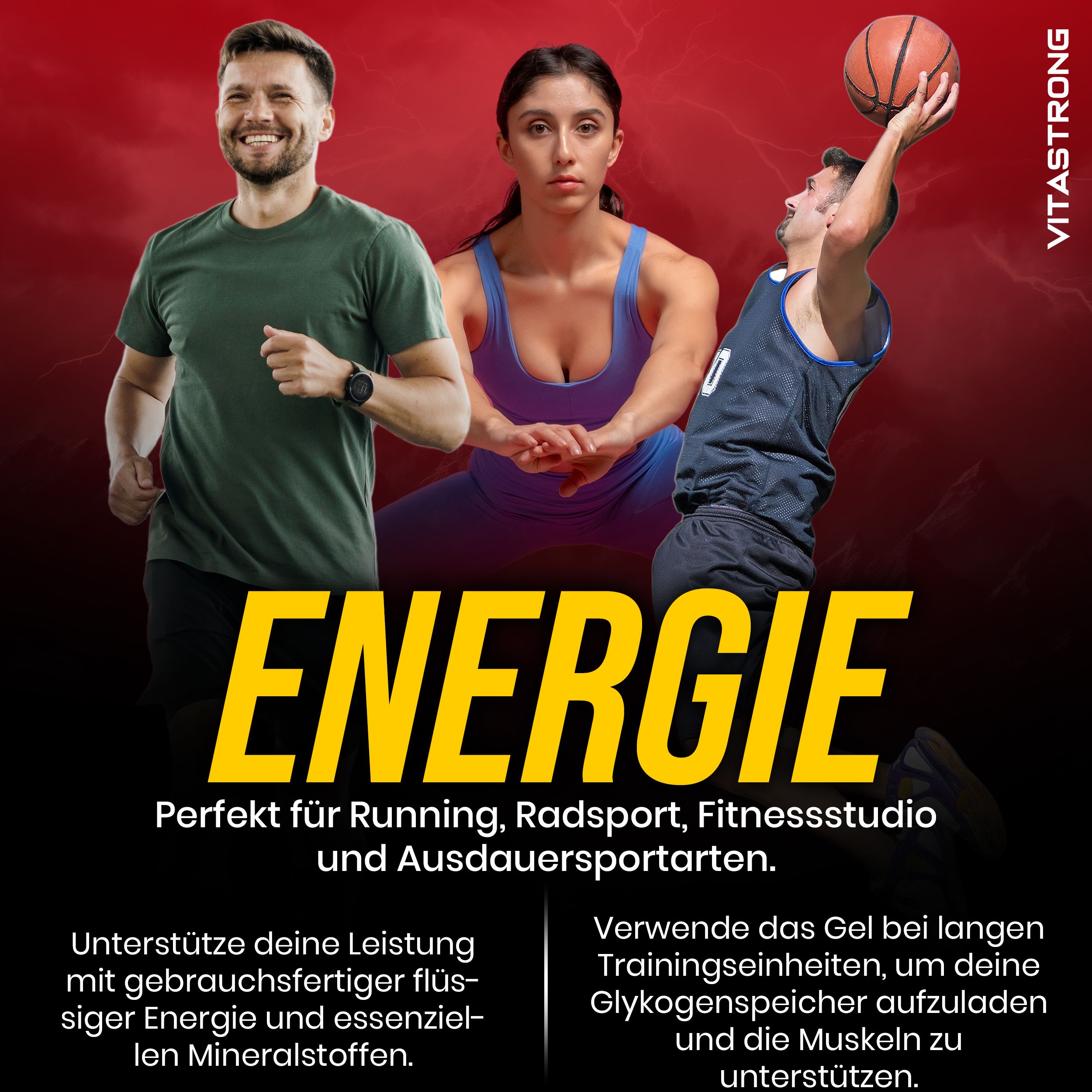 Vitastrong CARBO GEL 2:1. Atleti in azione. Testo: Energia. Perfetto per sport di resistenza. Energia liquida, minerali.