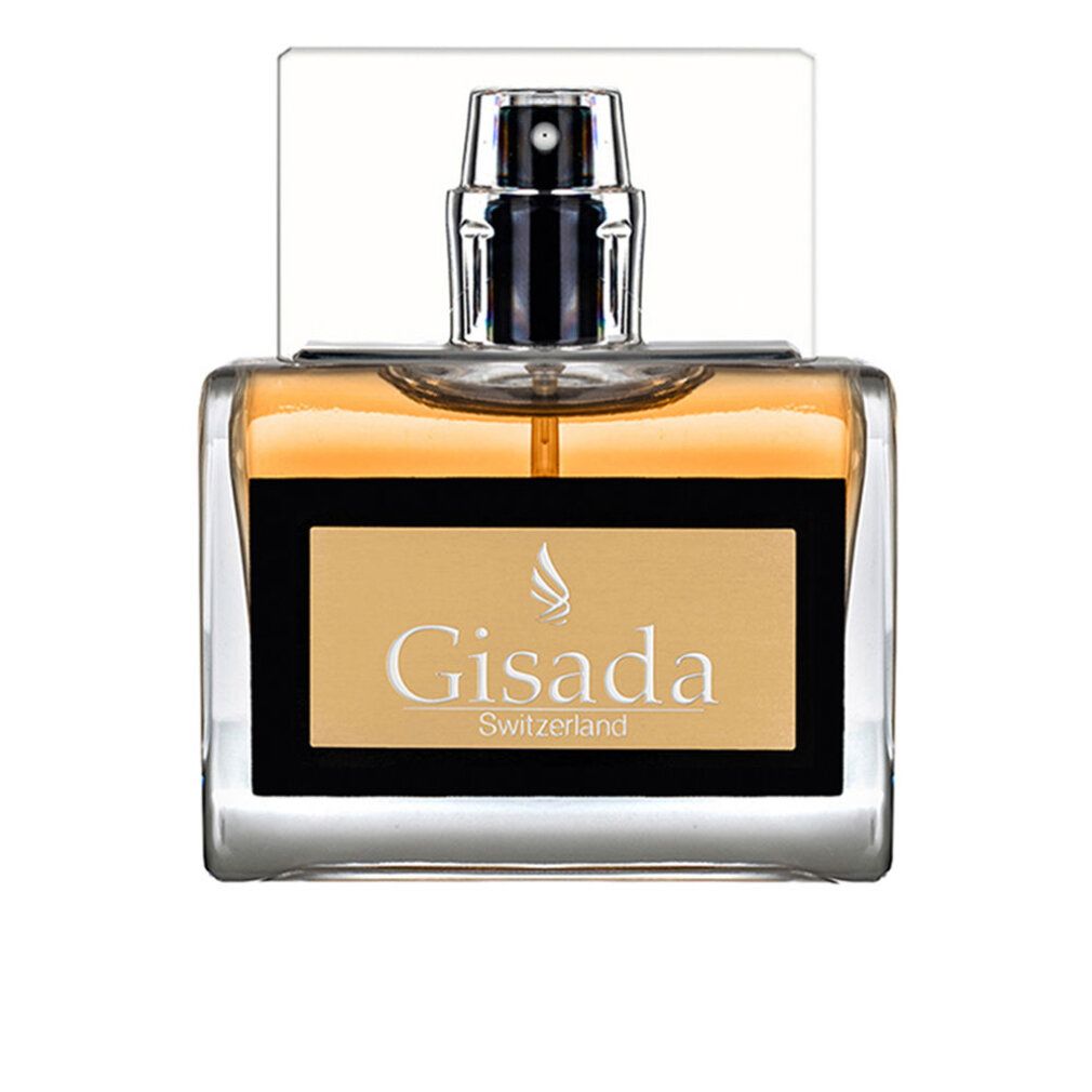 Gisada Uomo Eau de Toilette Spray. Flacone rettangolare in vetro con contenuto dorato e scritta nera. Erogatore trasparente.