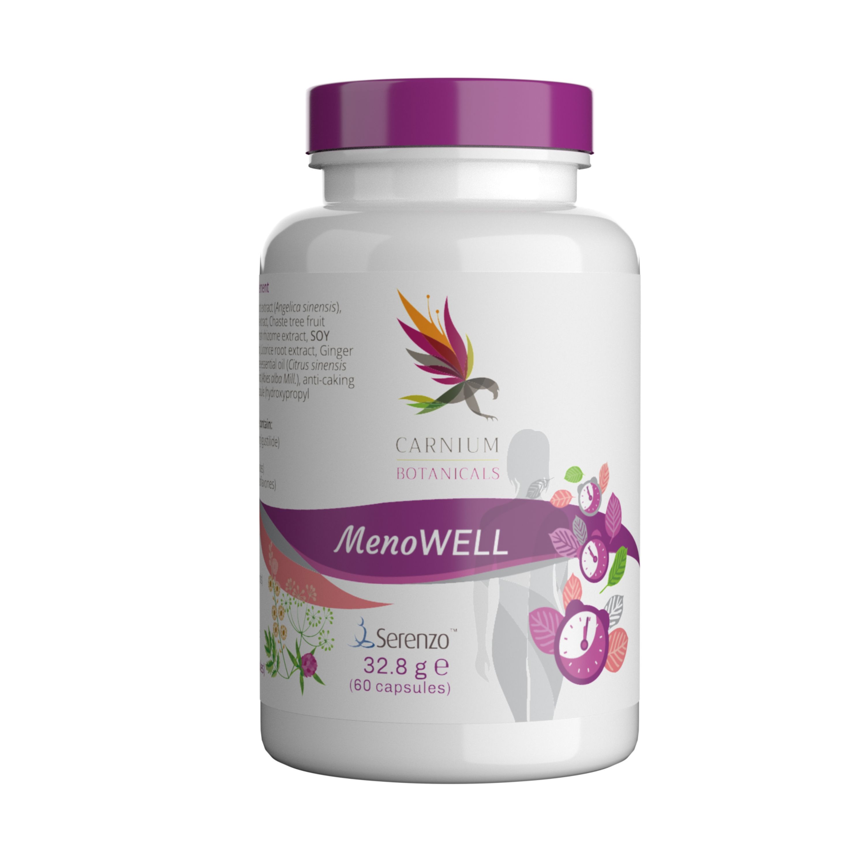 Barattolo di capsule Carnium Botanicals MenoWell con tappo viola ed etichetta floreale.