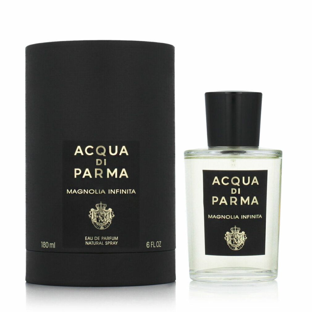 Flacone di profumo accanto a confezione cilindrica nera. Scritta: Acqua di Parma, Magnolia Infinita. Dettagli dorati.