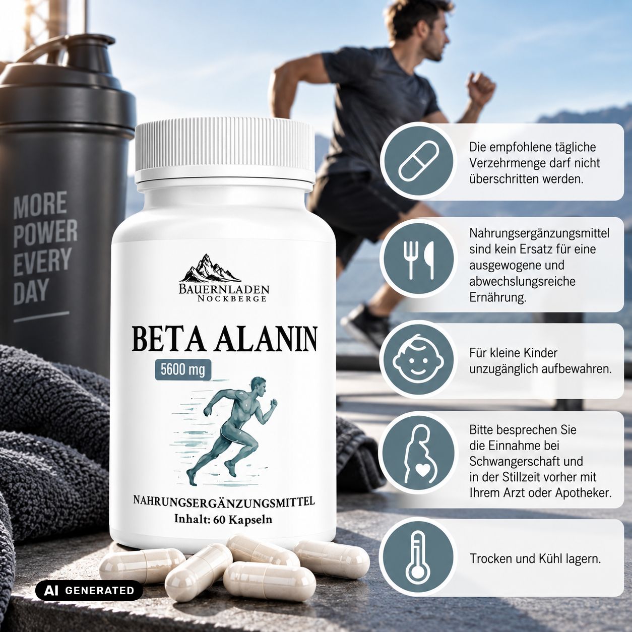 Capsule di Beta Alanina da 5600 mg. Integratore alimentare in barattolo bianco da 60 capsule.