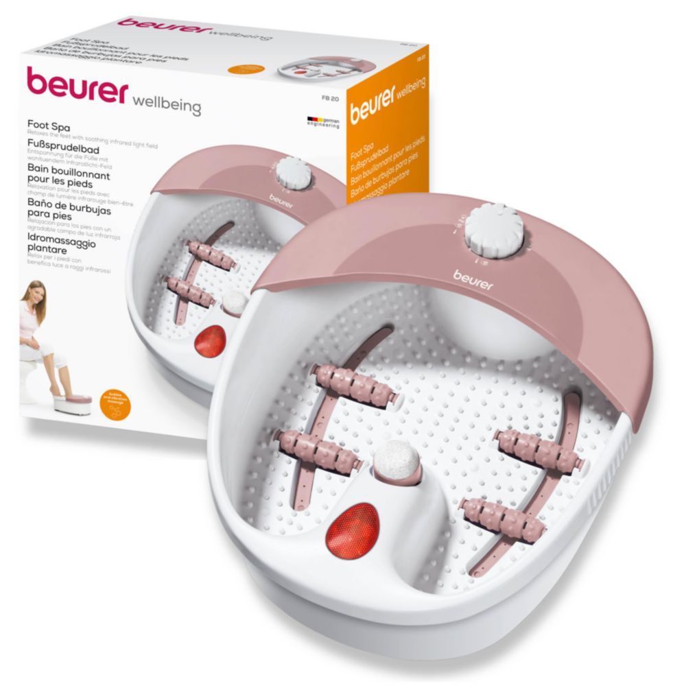 Idromassaggio nella confezione. Dispositivo rosa-bianco. La confezione mostra il dispositivo e una donna. Testo: wellbeing.