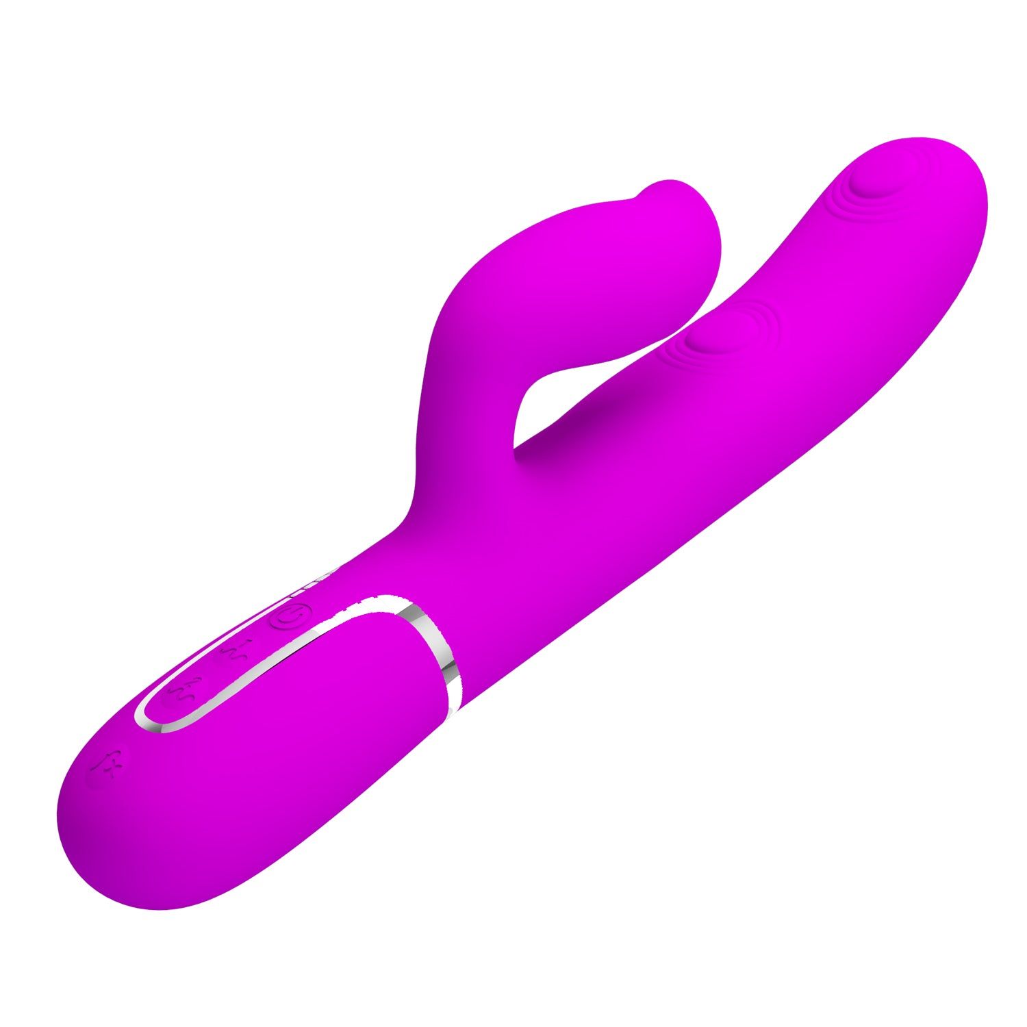 Vibratore viola con design a orecchie di coniglio e dettagli argentati. Vista obliqua.