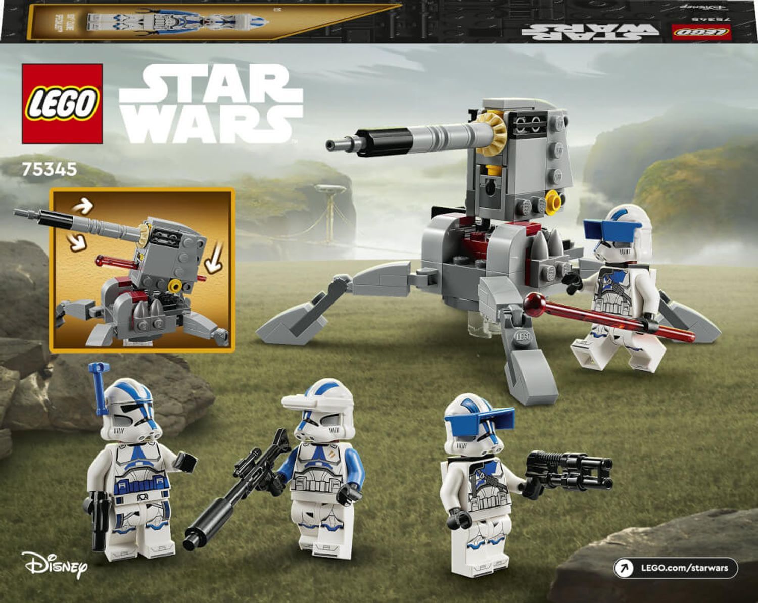 LEGO Star Wars 75345. Personaggi e cannone. Nome del prodotto e logo. 501st Clone Troopers Battle Pack. Logo Disney.