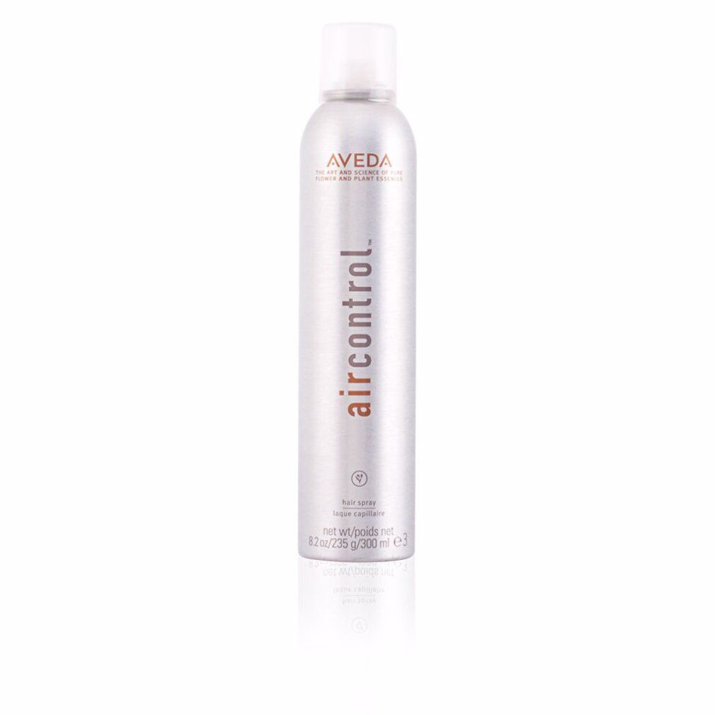 Bomboletta spray per capelli argentata con tappo bianco. Scritta: Aveda, air control. Testo: hair spray, net wt. 8.2 oz/235 g/300 ml e.