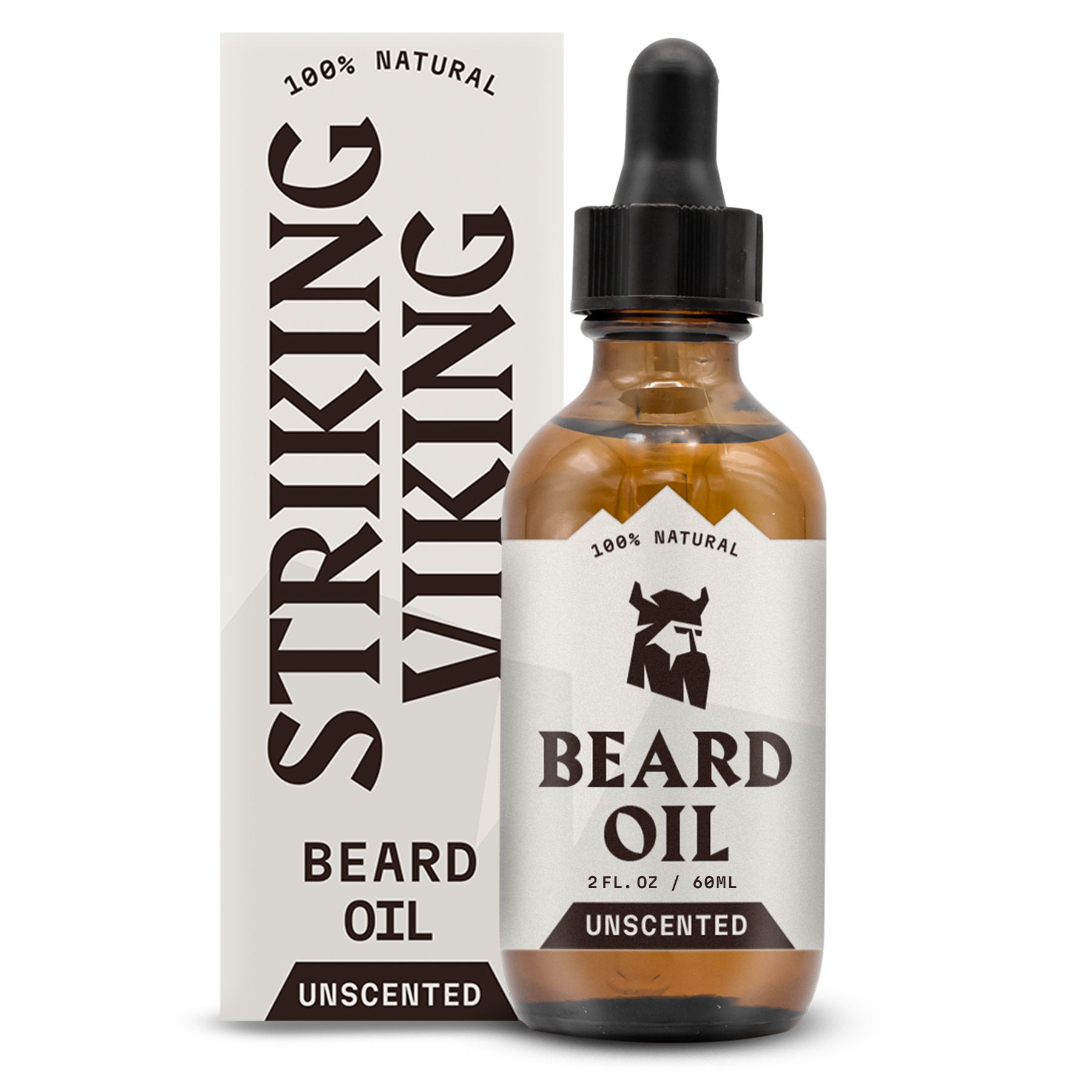 Flacone di olio da barba accanto a una scatola di imballaggio con la scritta "STRIKING VIKING".