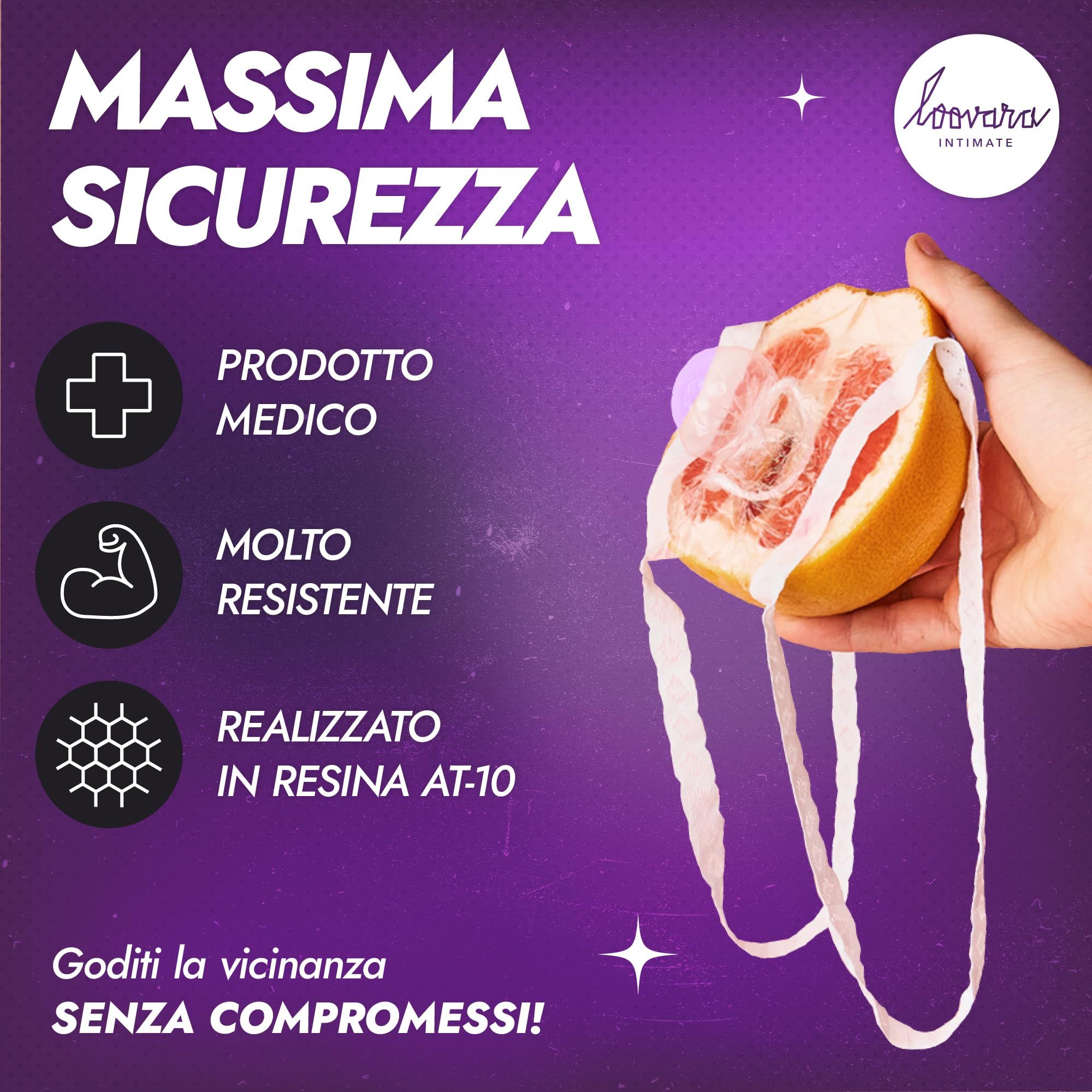 Confezione viola con "FEMALE CONDOMS" e un preservativo, "MATERIALI DI ALTA QUALITÀ".