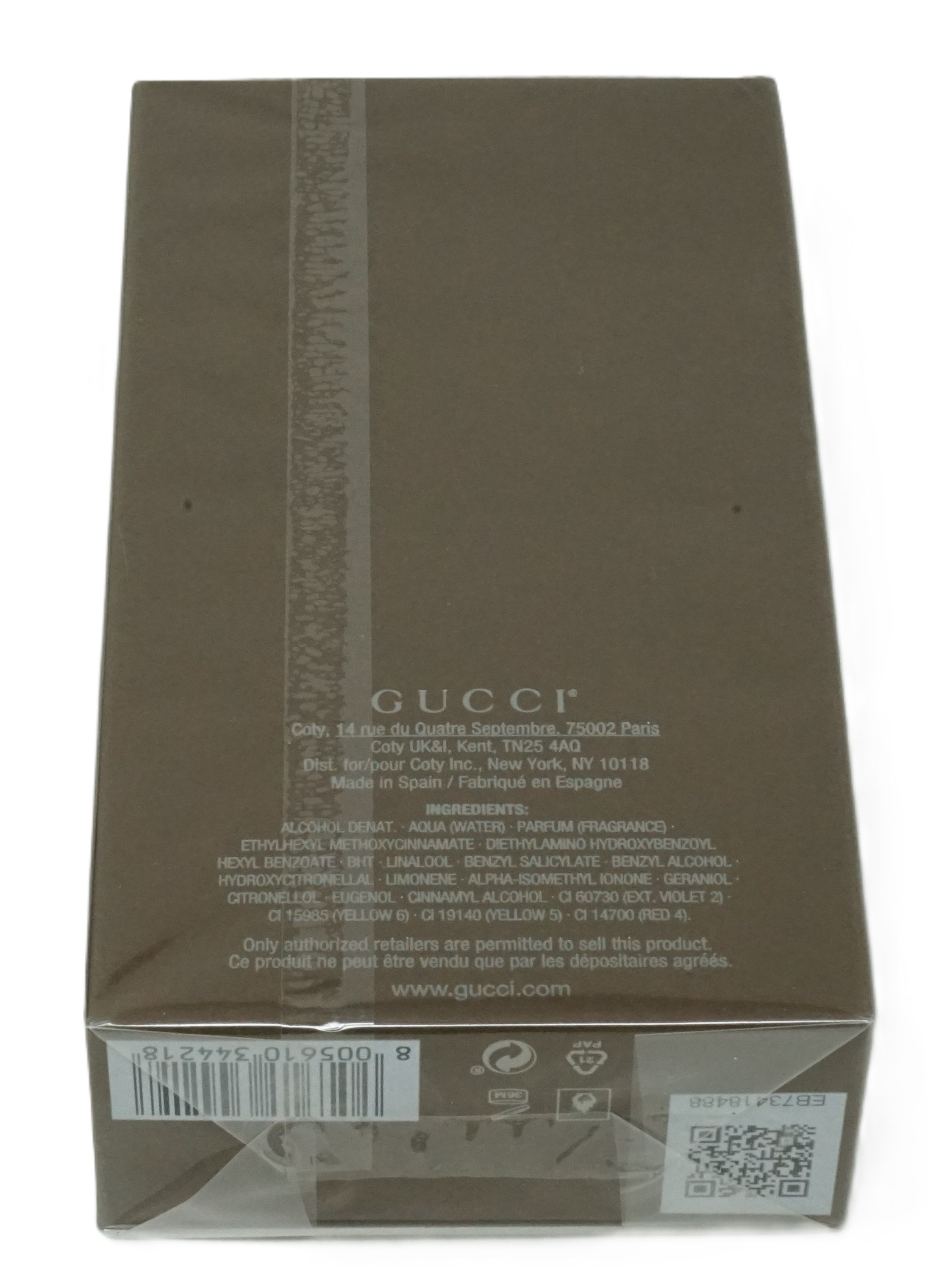 Confezione Gucci Guilty Absolute Pour Homme. Marrone, testo e codice a barre. Informazioni produttore e QR code.