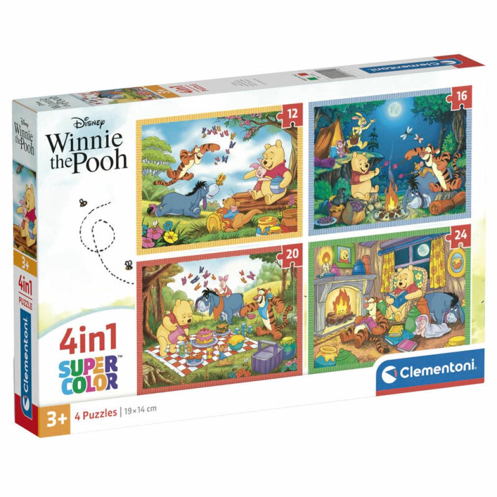 Puzzle Clementoni Winnie the Pooh 4in1. Confezione con quattro puzzle, 12, 16, 20 e 24 pezzi. Logo Disney. Età: 3+.