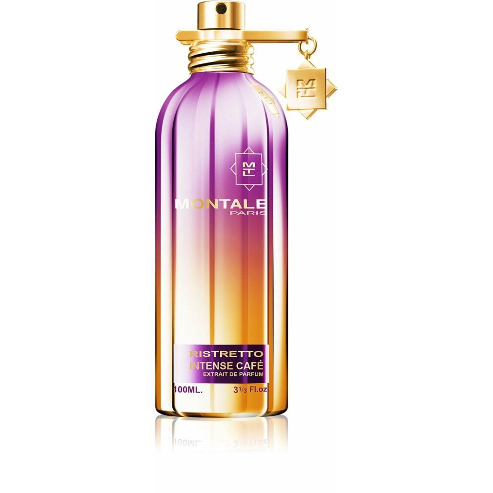 Flacone oro-viola con scritte. Ciondolo con logo. Testo: Ristretto Intense Cafe, 100ml, 3.4 Fl.oz.