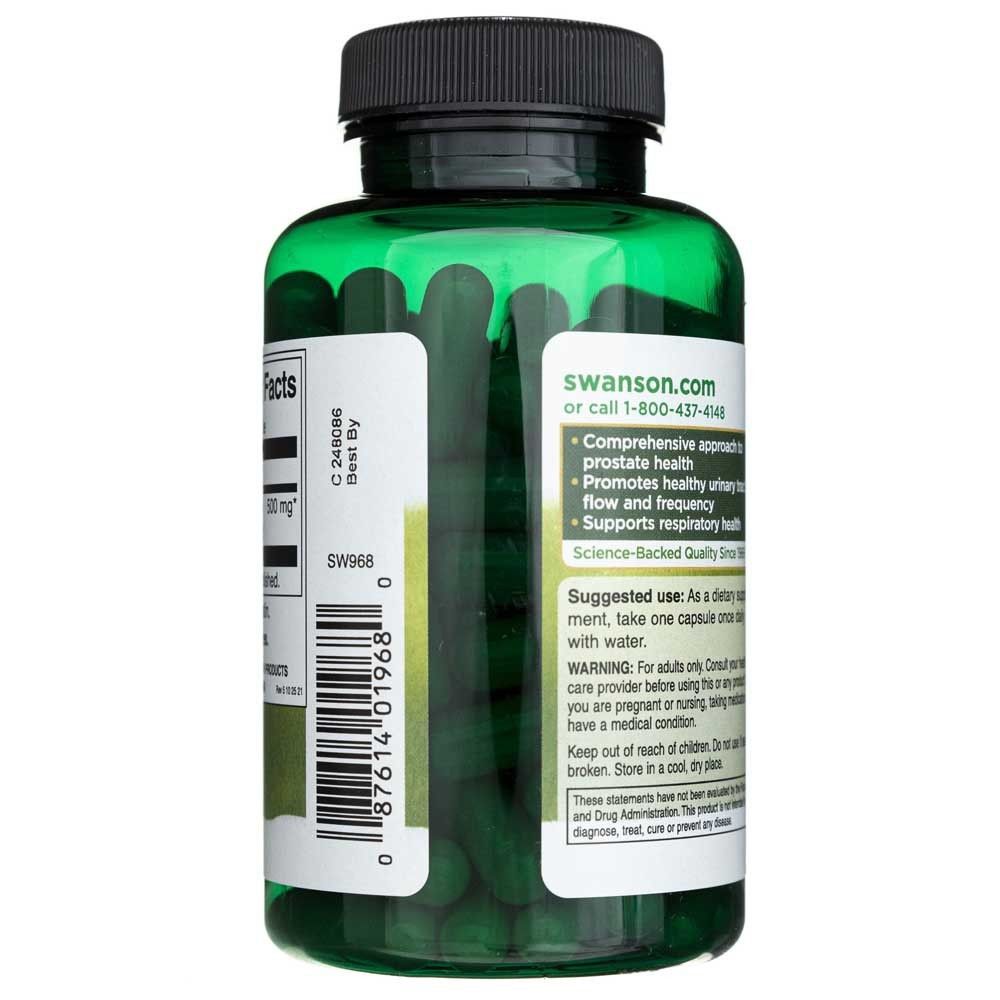 Flacone verde con capsule nere ed etichette che mostrano Swanson.com e le istruzioni per l'uso.