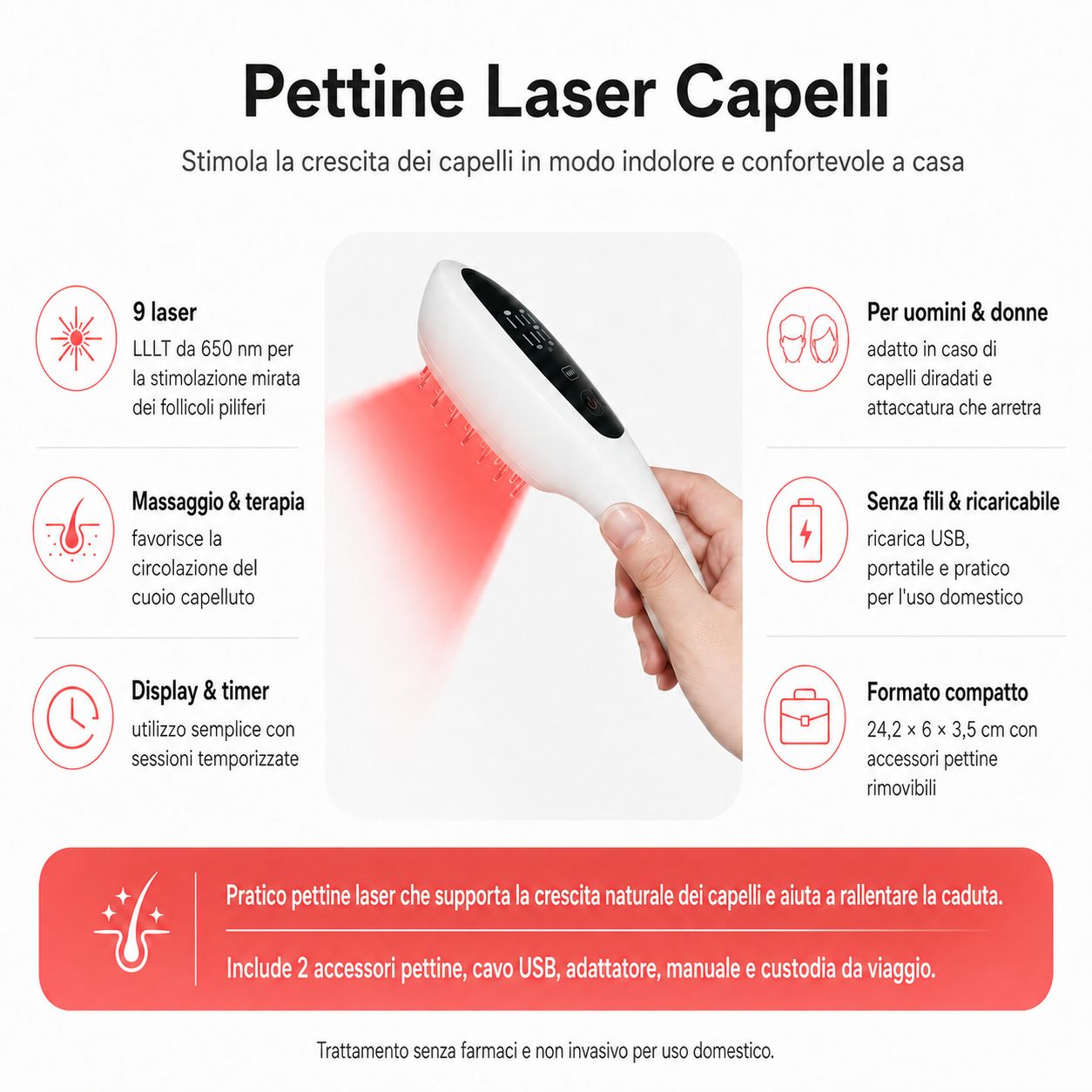 Pettini laser bianchi per la crescita dei capelli in diverse viste, inclusa una testina rimovibile e dimensioni.