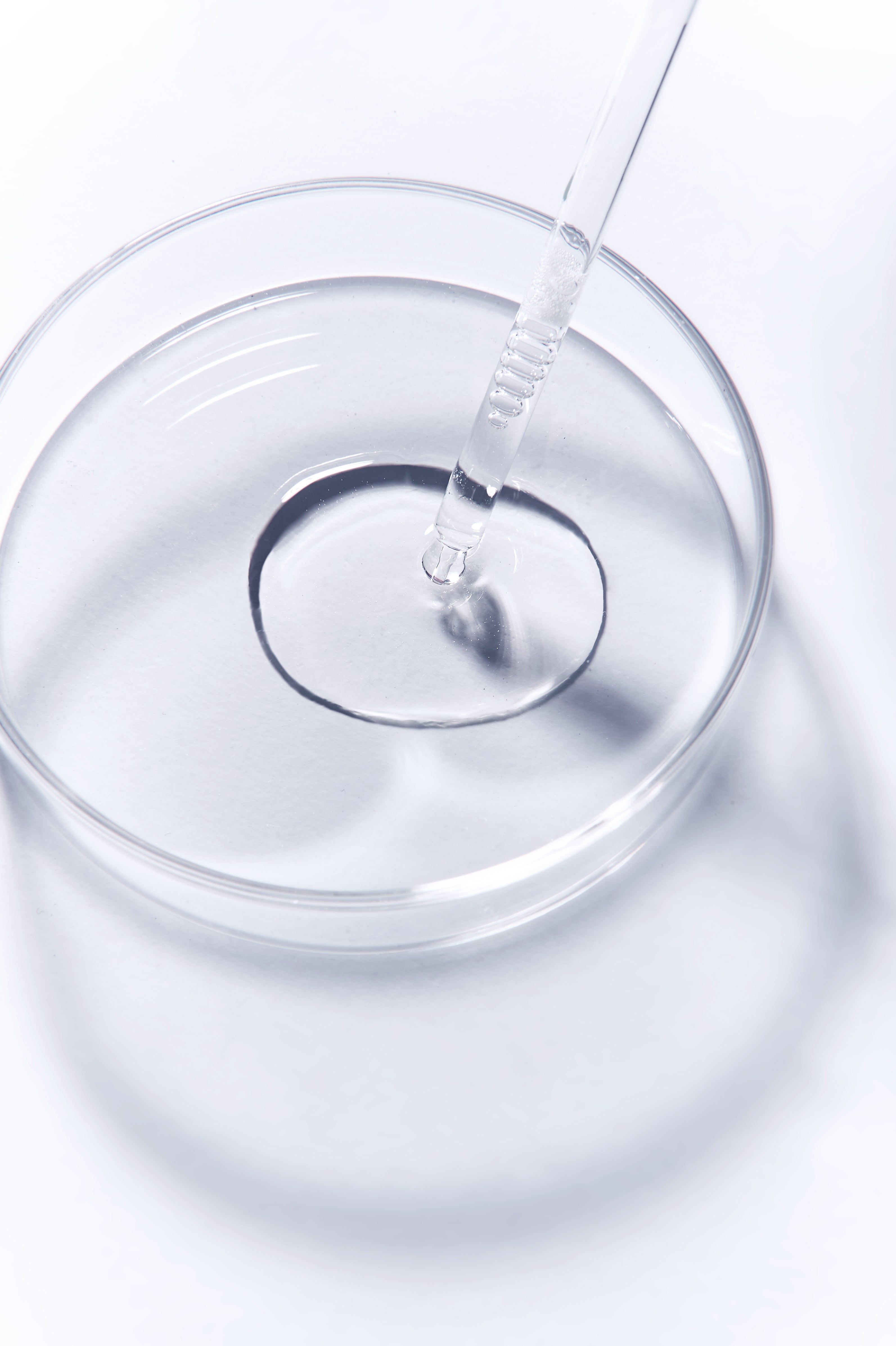 Una pipetta versa del liquido in una ciotola rotonda e trasparente.