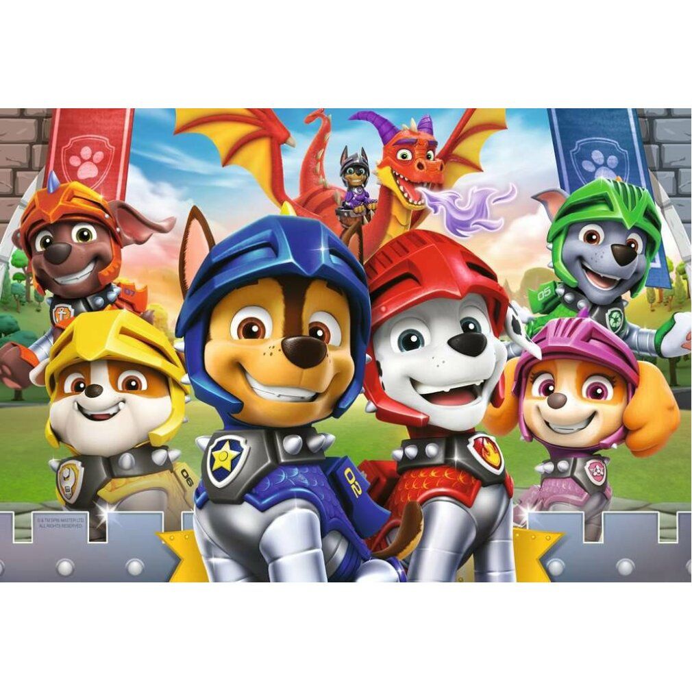 Puzzle Paw Patrol completato. Rappresentazione dei personaggi di Paw Patrol come cavalieri. Sfondo: castello e draghi.