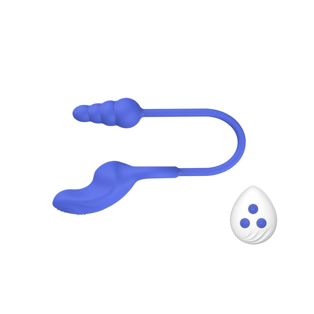 Vibratore anale blu con estremità scanalata e forma curva. Include telecomando a tre pulsanti.